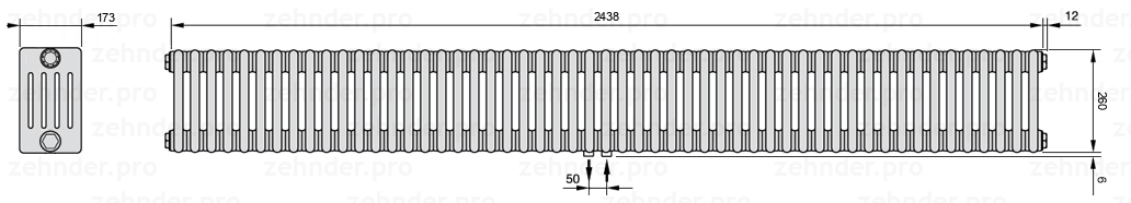 Схема (чертеж) Радиатор Zehnder Charleston 5026/53 №5410 Белый глянцевый RAL 9016